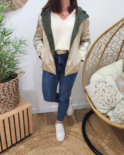 Parka fine femme courte réversible kaki foncé et dorée Tina