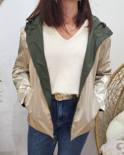 Parka fine femme courte réversible kaki foncé et dorée Tina