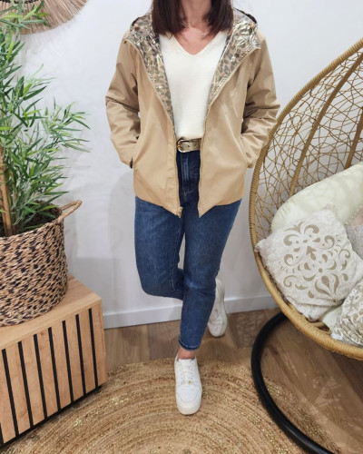 Parka fine femme courte réversible beige et Léopard bronze