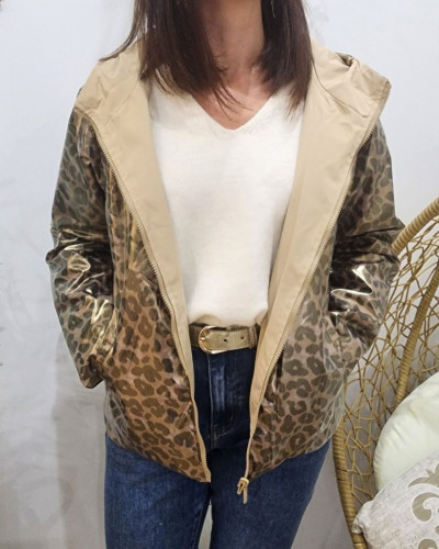 Parka fine femme courte réversible beige et Léopard bronze