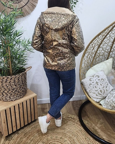 Parka fine femme courte réversible beige et Léopard bronze