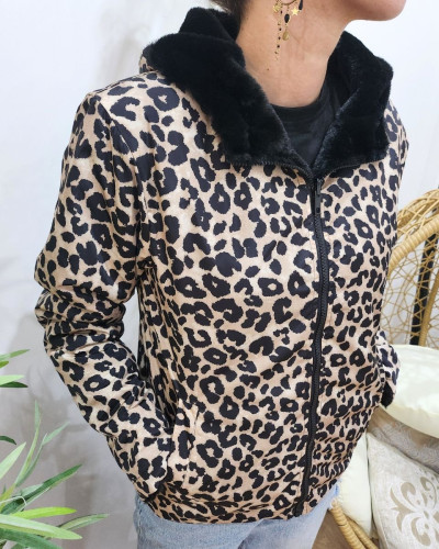 Parka femme léopard beige noir réversible fausse fourrure noire
