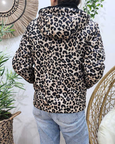 Parka femme léopard beige noir réversible fausse fourrure noire
