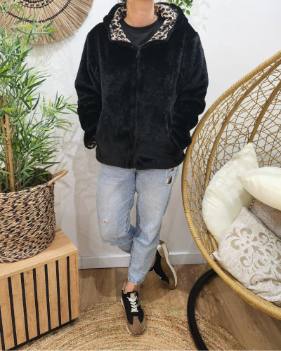 Parka femme léopard beige noir réversible fausse fourrure noire