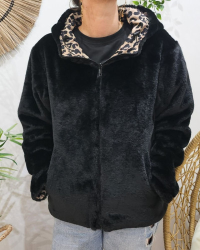 Parka femme léopard beige noir réversible fausse fourrure noire