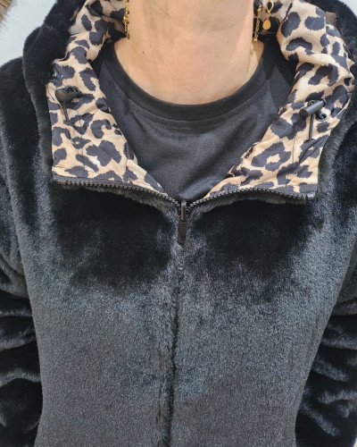 Parka femme léopard beige noir réversible fausse fourrure noire
