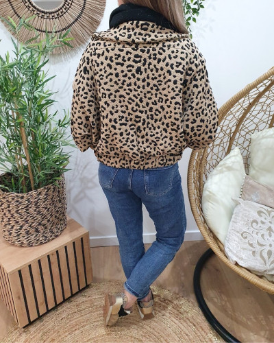 Manteau bombers épais léopard camel et noir