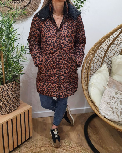 Doudoune longue femme réversible léopard choco et noire