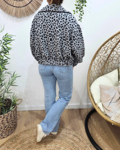 Manteau bombers épais léopard gris et noir