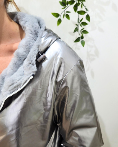 Parka femme argent réversible fausse fourrure grise Armanda