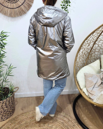 Parka femme argent réversible fausse fourrure grise Armanda