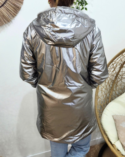 Parka femme argent réversible fausse fourrure grise Armanda