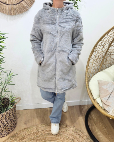 Parka femme argent réversible fausse fourrure grise Armanda