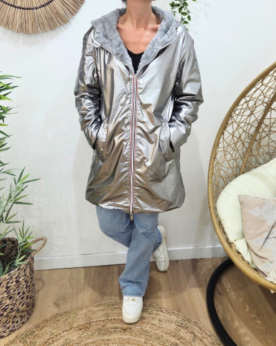 Parka femme argent réversible fausse fourrure grise Armanda