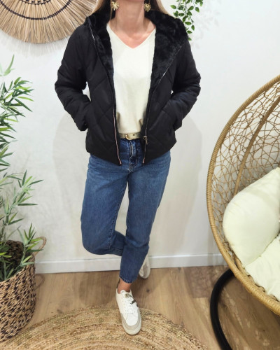 Parka femme noire matelassée réversible fausse fourrure Esma
