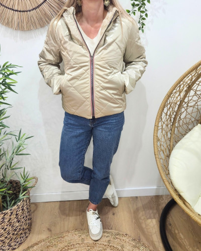 Parka femme dorée matelassée réversible fausse fourrure beige Esma