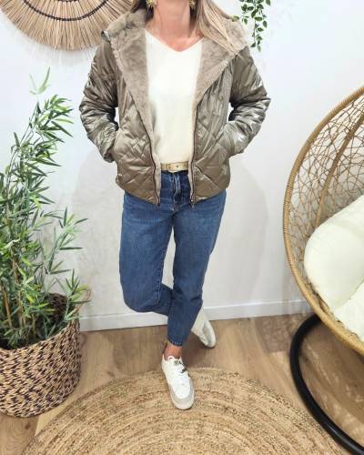 Parka femme bronze matelassée réversible fausse fourrure taupe Esma