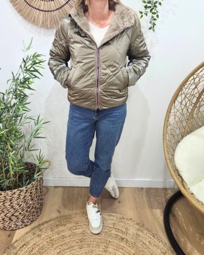 Parka femme bronze matelassée réversible fausse fourrure taupe Esma