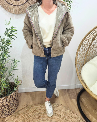 Parka femme bronze matelassée réversible fausse fourrure taupe Esma