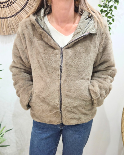 Parka femme bronze matelassée réversible fausse fourrure taupe Esma
