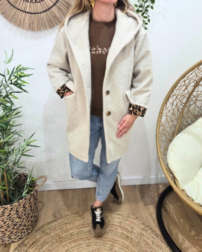 Manteau laine à capuche femme revers leopard