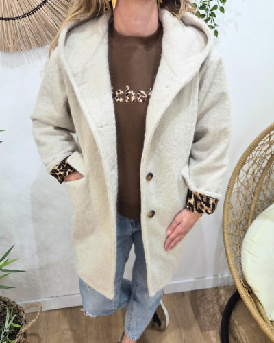 Manteau laine à capuche femme revers leopard
