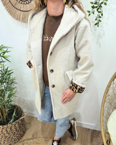 Manteau laine à capuche femme revers leopard