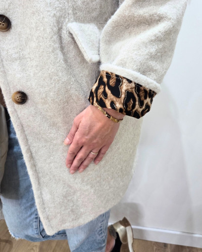 Manteau laine à capuche femme revers leopard