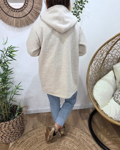 Manteau laine à capuche femme revers leopard