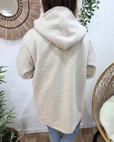 Manteau laine à capuche femme revers leopard