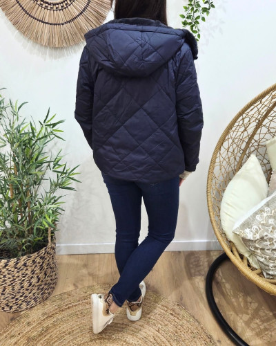 Parka femme bleu marine matelassée réversible fausse fourrure Esma