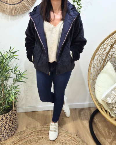 Parka femme bleu marine matelassée réversible fausse fourrure Esma