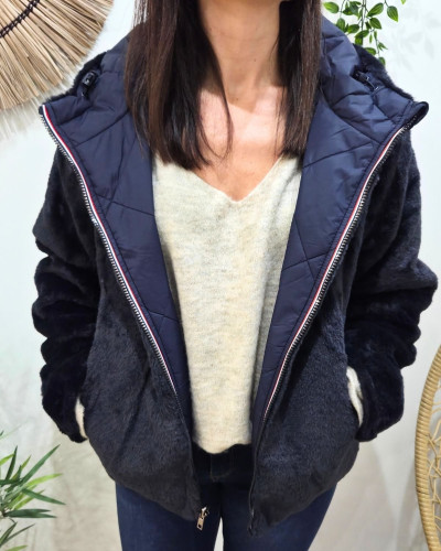 Parka femme bleu marine matelassée réversible fausse fourrure Esma