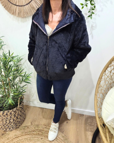 Parka femme bleu marine matelassée réversible fausse fourrure Esma