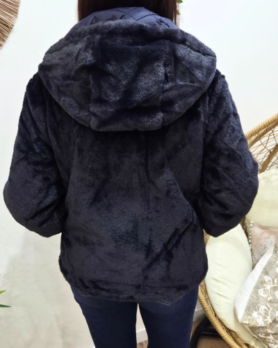 Parka femme bleu marine matelassée réversible fausse fourrure Esma