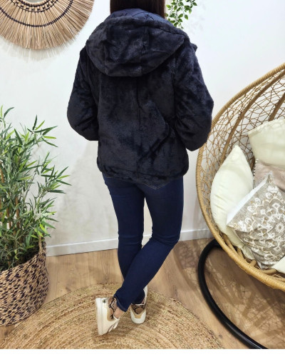 Parka femme bleu marine matelassée réversible fausse fourrure Esma