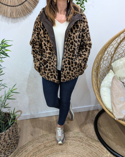 Parka femme courte choco réversible fausse fourrure léopard Izora