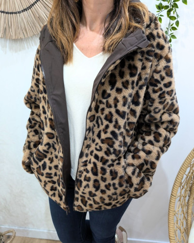 Parka femme courte choco réversible fausse fourrure léopard Izora