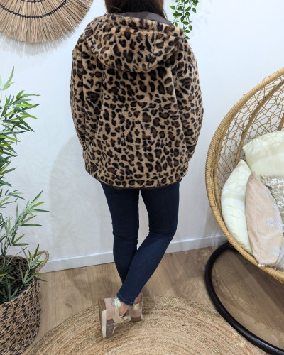 Parka femme courte choco réversible fausse fourrure léopard Izora