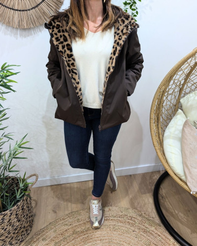 Parka femme courte choco réversible fausse fourrure léopard Izora