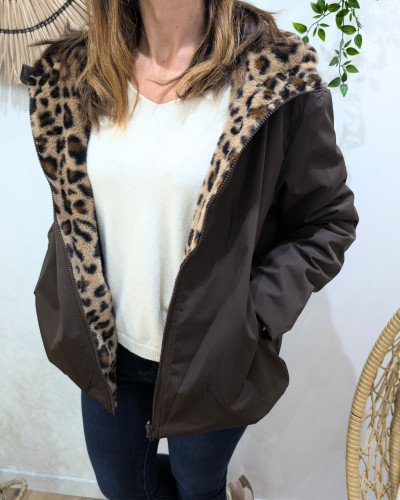 Parka femme courte choco réversible fausse fourrure léopard Izora
