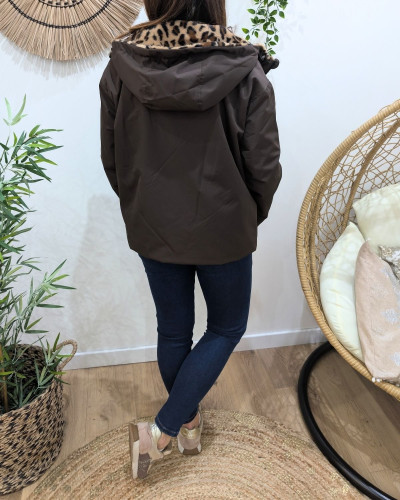 Parka femme courte choco réversible fausse fourrure léopard Izora