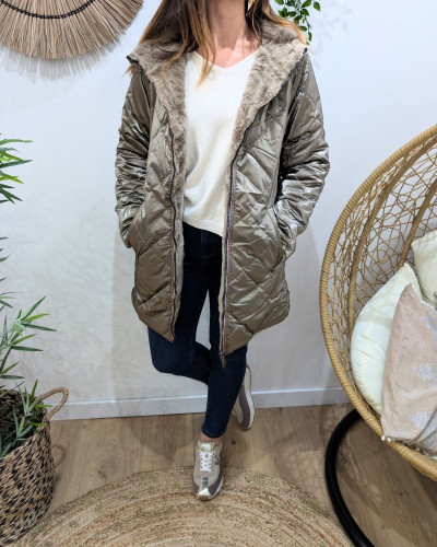 Parka longue femme bronze matelassée réversible fausse fourrure taupe Lioba