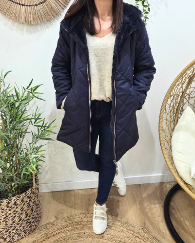 Parka longue femme bleu marine matelassée réversible fausse fourrure Lioba