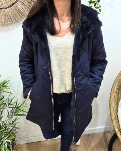Parka longue femme bleu marine matelassée réversible fausse fourrure Lioba