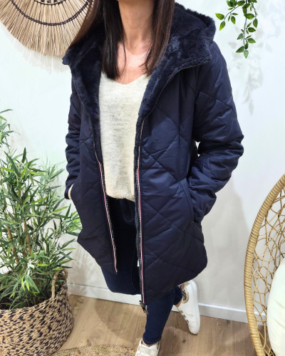 Parka longue femme bleu marine matelassée réversible fausse fourrure Lioba
