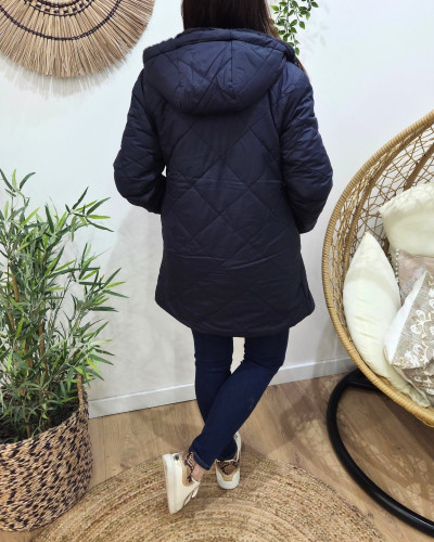 Parka longue femme bleu marine matelassée réversible fausse fourrure Lioba
