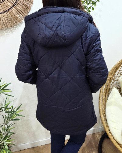 Parka longue femme bleu marine matelassée réversible fausse fourrure Lioba
