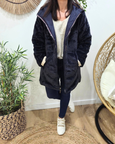 Parka longue femme bleu marine matelassée réversible fausse fourrure Lioba