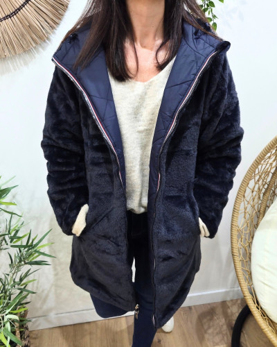 Parka longue femme bleu marine matelassée réversible fausse fourrure Lioba